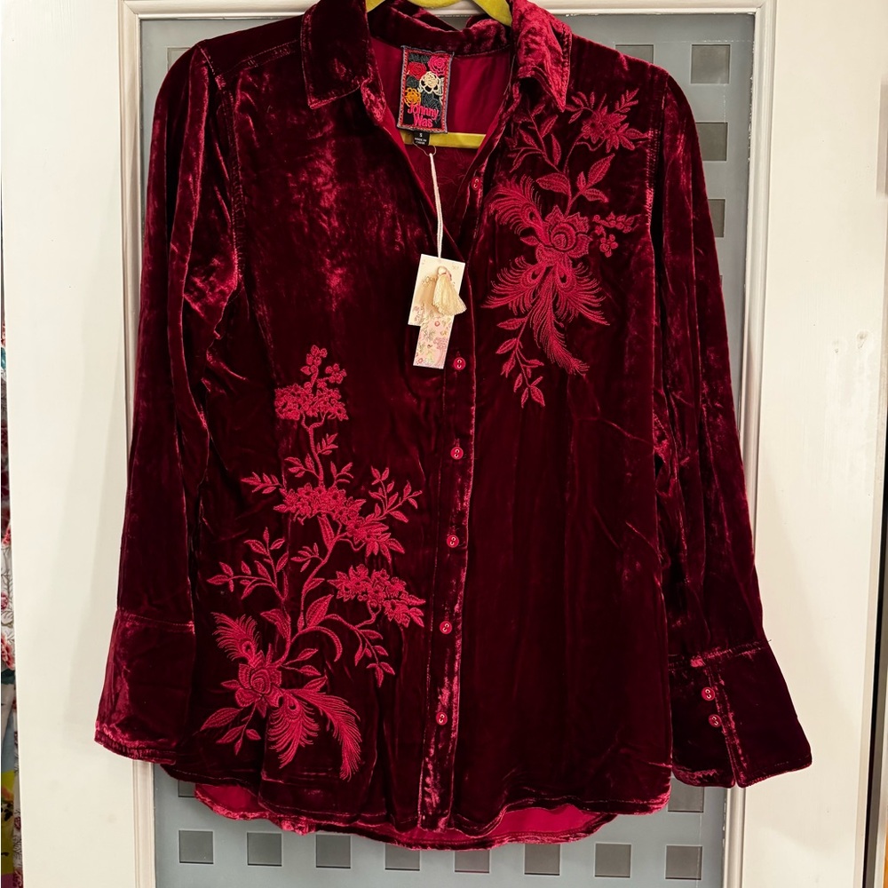 Johnny Was Burgundy Velvet Embroidered Peacock Button Down Blouse S NWT Boho